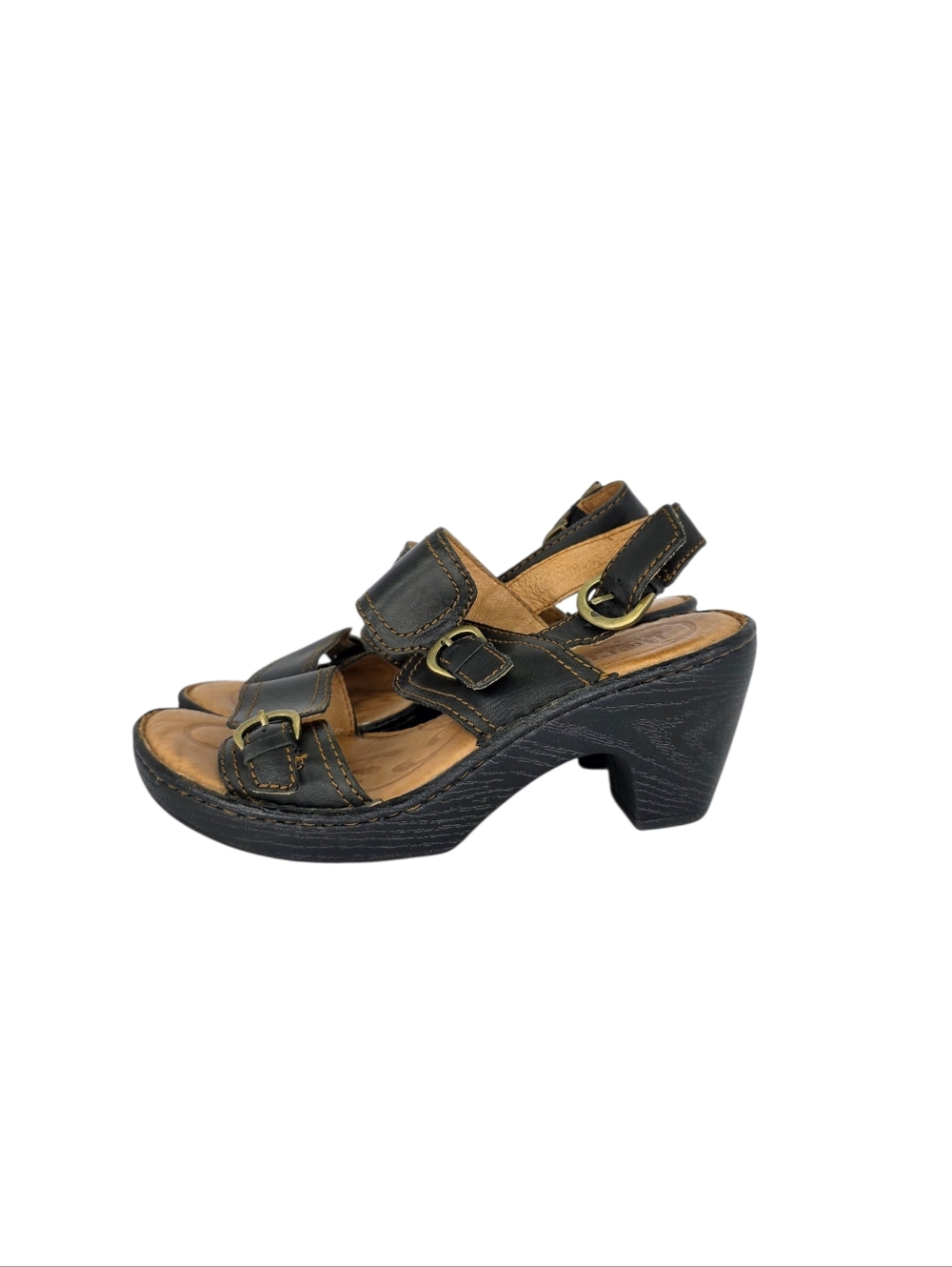 Born Womens Leather Wedge Block Heels Sandals Strappy Double Adjustable Buckle 8